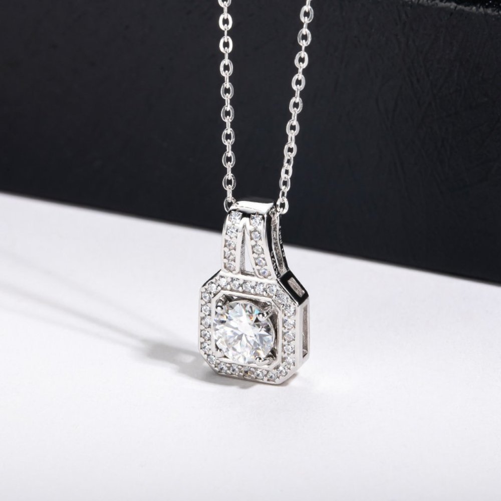 Certified 2ct. t.w. Moissanite Diamond Square Halo Pendant Necklace NEW - Picture 8 of 15